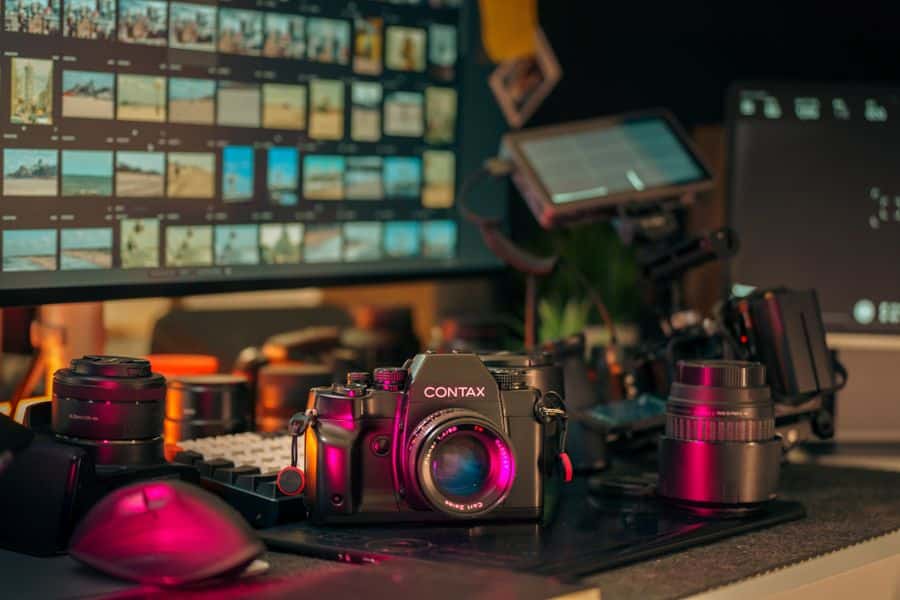 Cámara Contax vintage en estudio de fotografía digital
